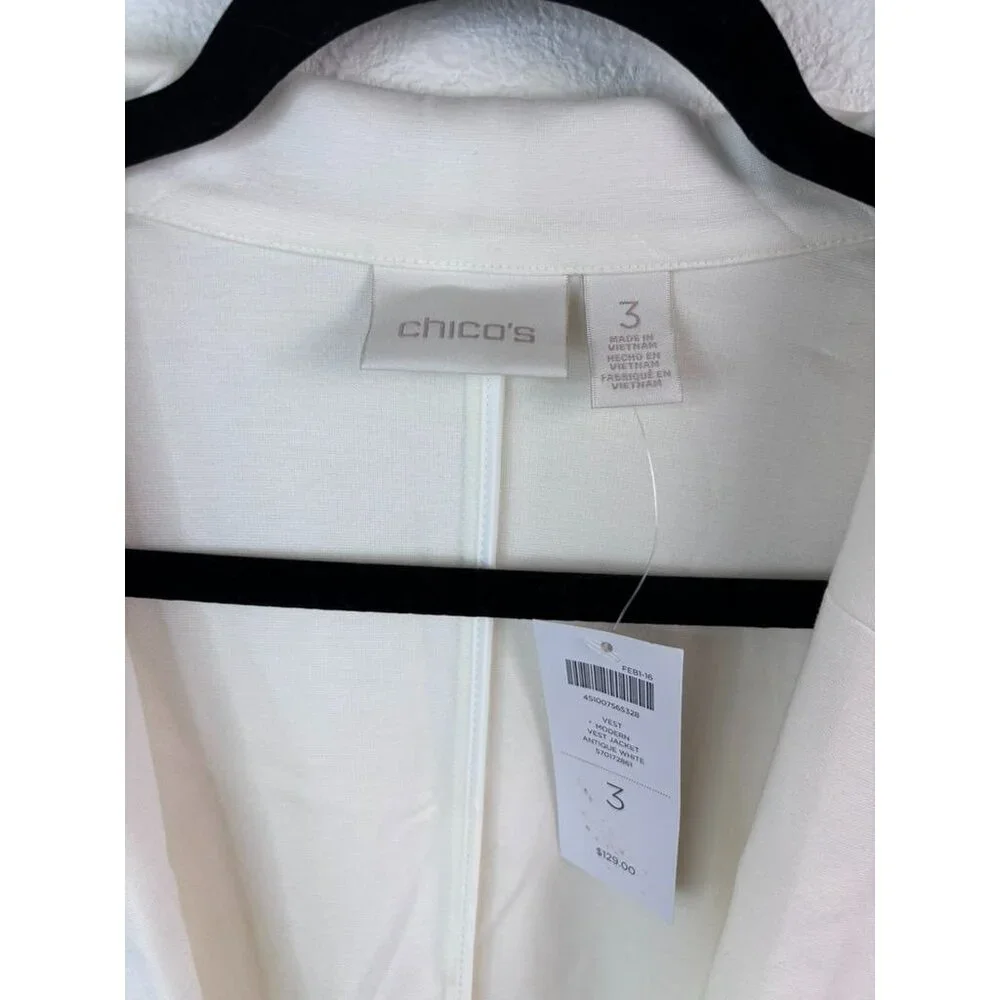Chico's women's 3 or XL ivory sleeveless collared‎ open front vest jacket NWT